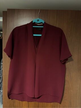 Burgundy Japanese V-Neck Short Sleeve Blouse